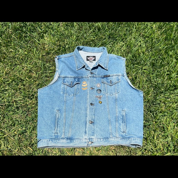 Vintage Harley Davidson Blue Jean Denim Biker Large Back Patch Vest Mens 2XL - Picture 1 of 6